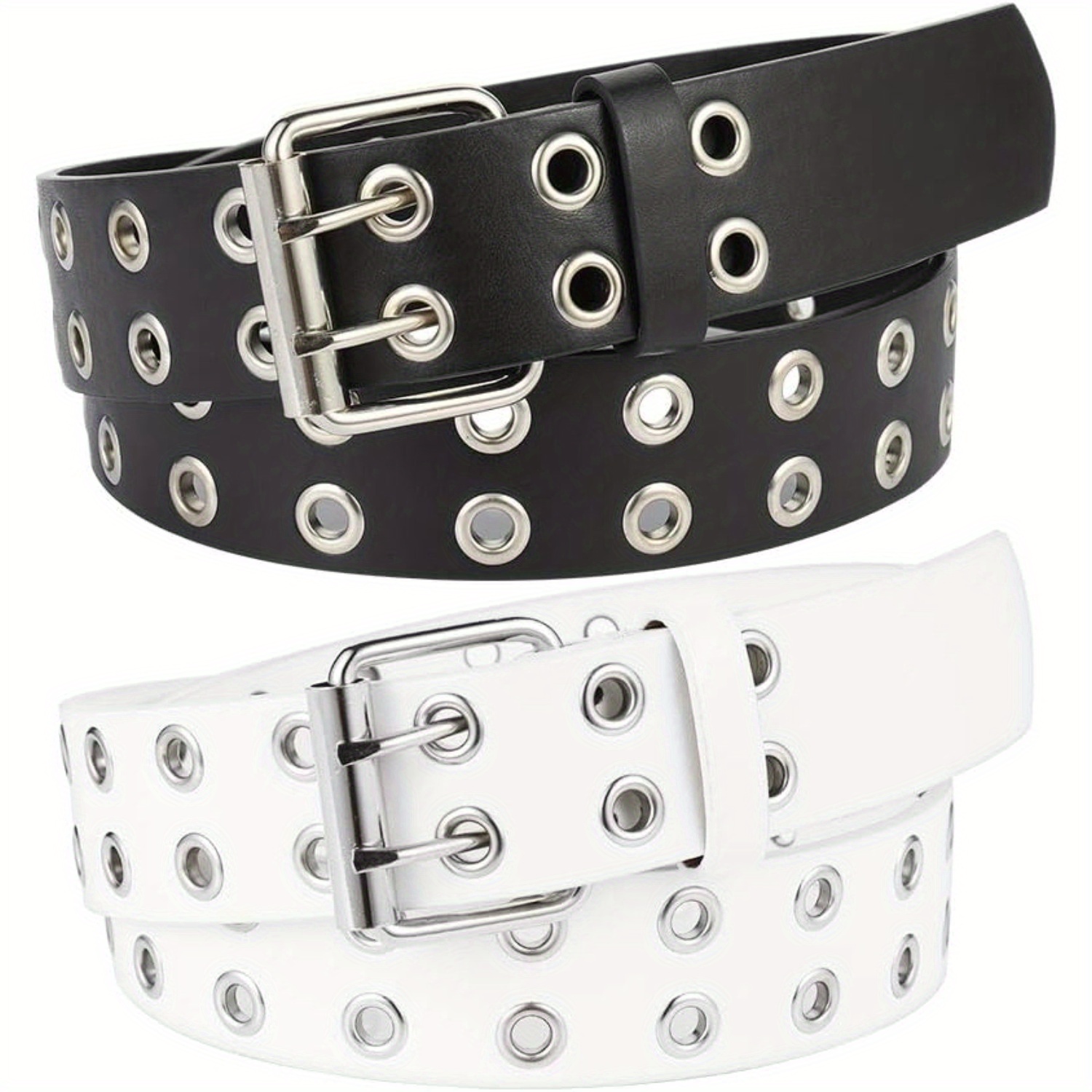 TEMU 2pcs Women's Punk Belt Set, Double Grommet Belt Men, Punk 2 Holes Grommet Belts, Suitable For Casual & Rock Style, Perfect Gift For Fashionable
