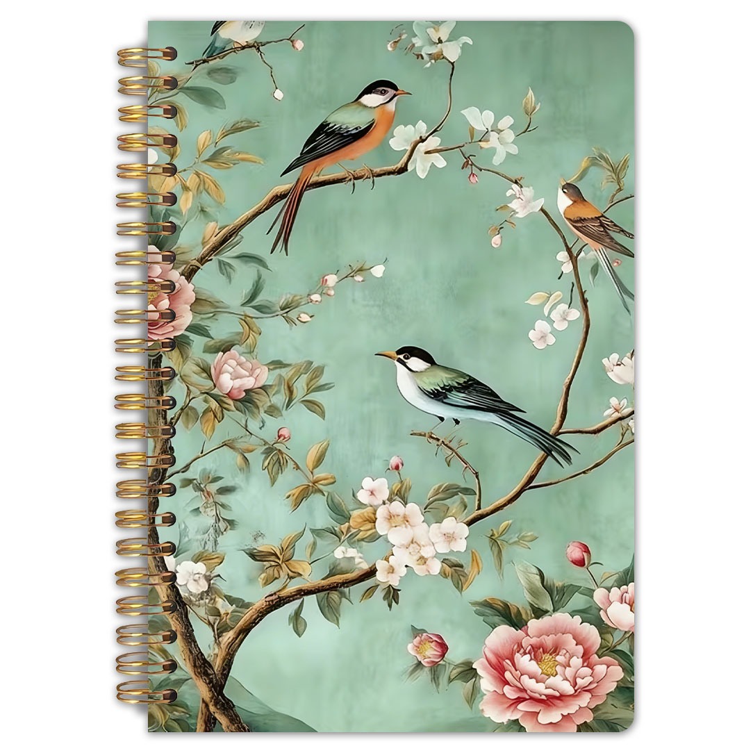 TEMU Un cahier vintage avec une branche de printemps et des oiseaux volants - Pages rayées de haute qualité, un design de plante sur le thème de la