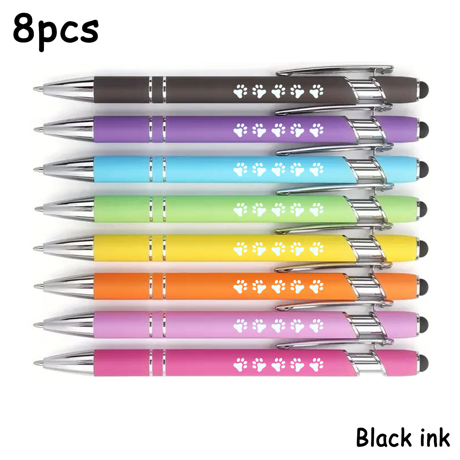 Image of Set Of 8 Ballpoint Pens Featuring , Equipped With A Stylus. Made Of Metal And Filled With Black Ink. Ideal Presents For Pet Enthusiasts, Office Use, And Back-to-school Gifts