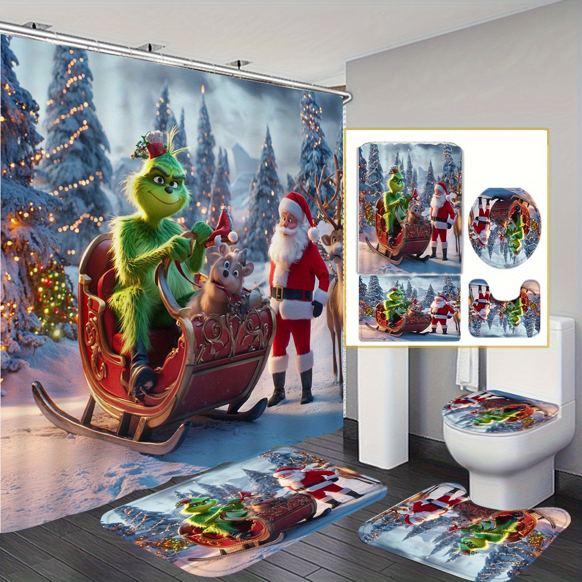 

Christmas Decoration 1/4pcs Shower Curtain Set 12 , Shower Curtain, Bath Mat, And U-shaped Rug, Bathroom Decoration Set