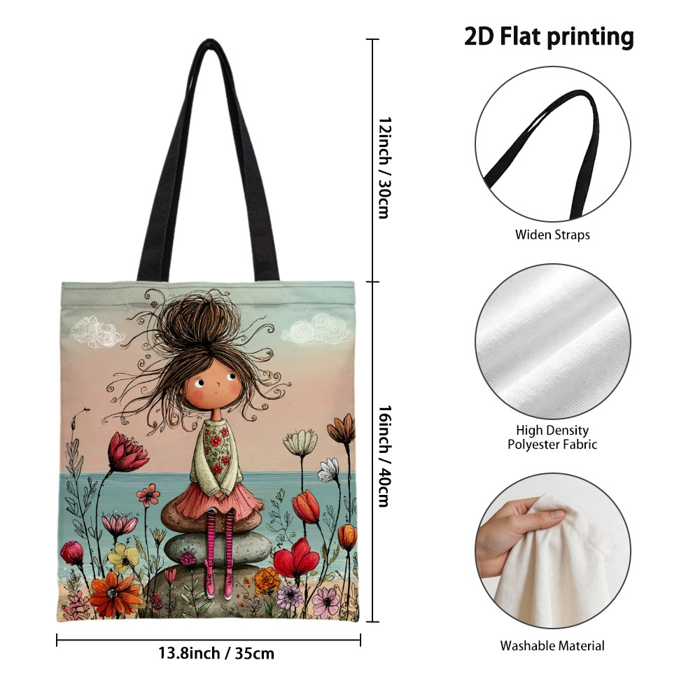 TEMU 1pc Vibrant Colorful Flowers Double-sided Print Tote Bag - Reusable Grocery Bags With Durable Handles, Spacious Polyester Handbag For Shopping,