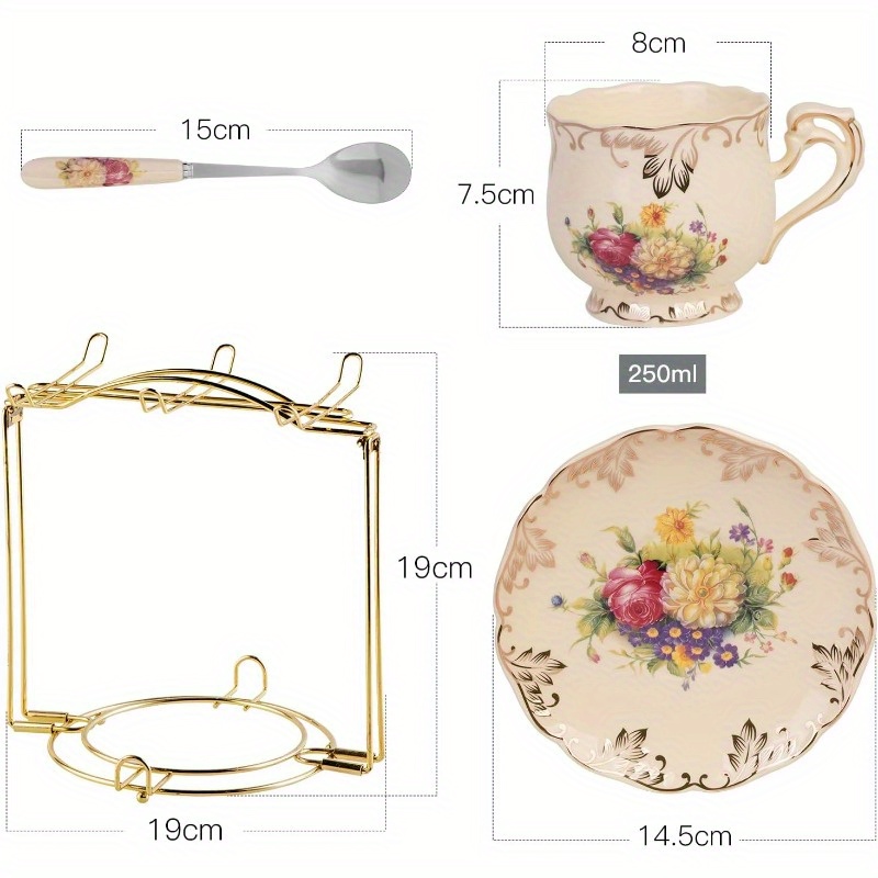 flowering shrubs tea cups and saucers set of 6 ivory ceramic floral tea cups set with golden rack coffee cups 8oz, cups for tea, porcelain tea cup, teacup, tea sets, elegant tableware, tea party supplies, vintage tea ware, decorative teacups,   cups,   porcelain,  , home   Product details 2