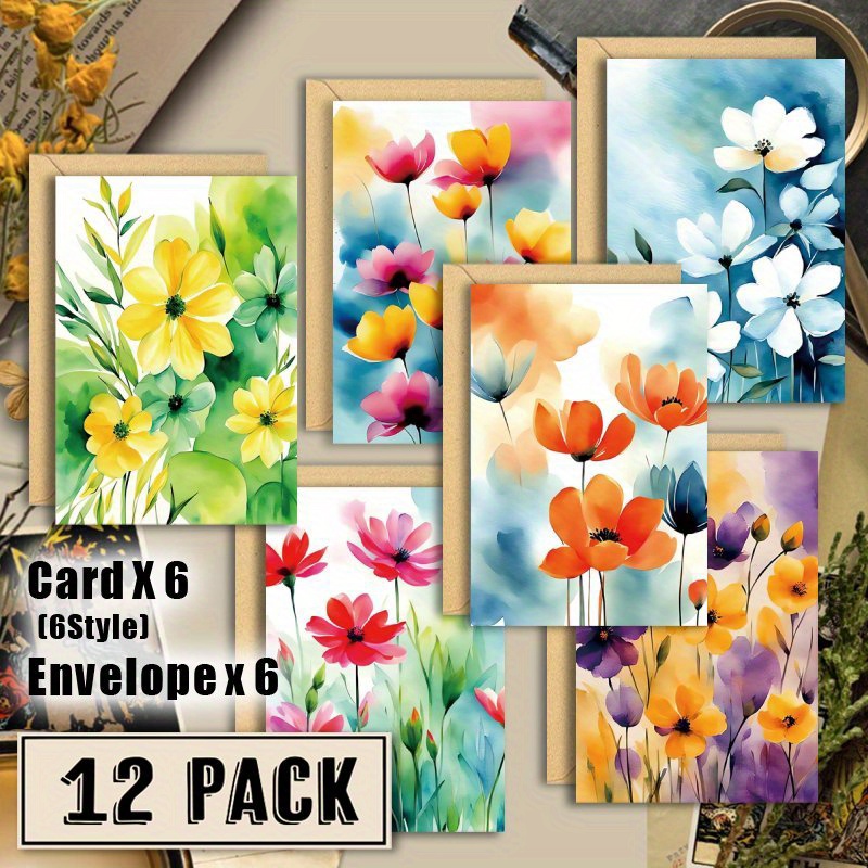 

12-pack Floral Blank Greeting Cards With Envelopes, Assorted Flower Designs, Paper Floor Mount, No Power Required, Ideal For