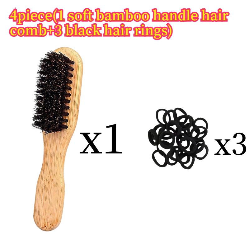 TEMU 4pcs Set: 1 Soft Bristle Bamboo Handle Hair Comb + 3 Black Hair Ties, Durable And Wet Hair, Suitable For All Hair Types, Hair Styling Tool |