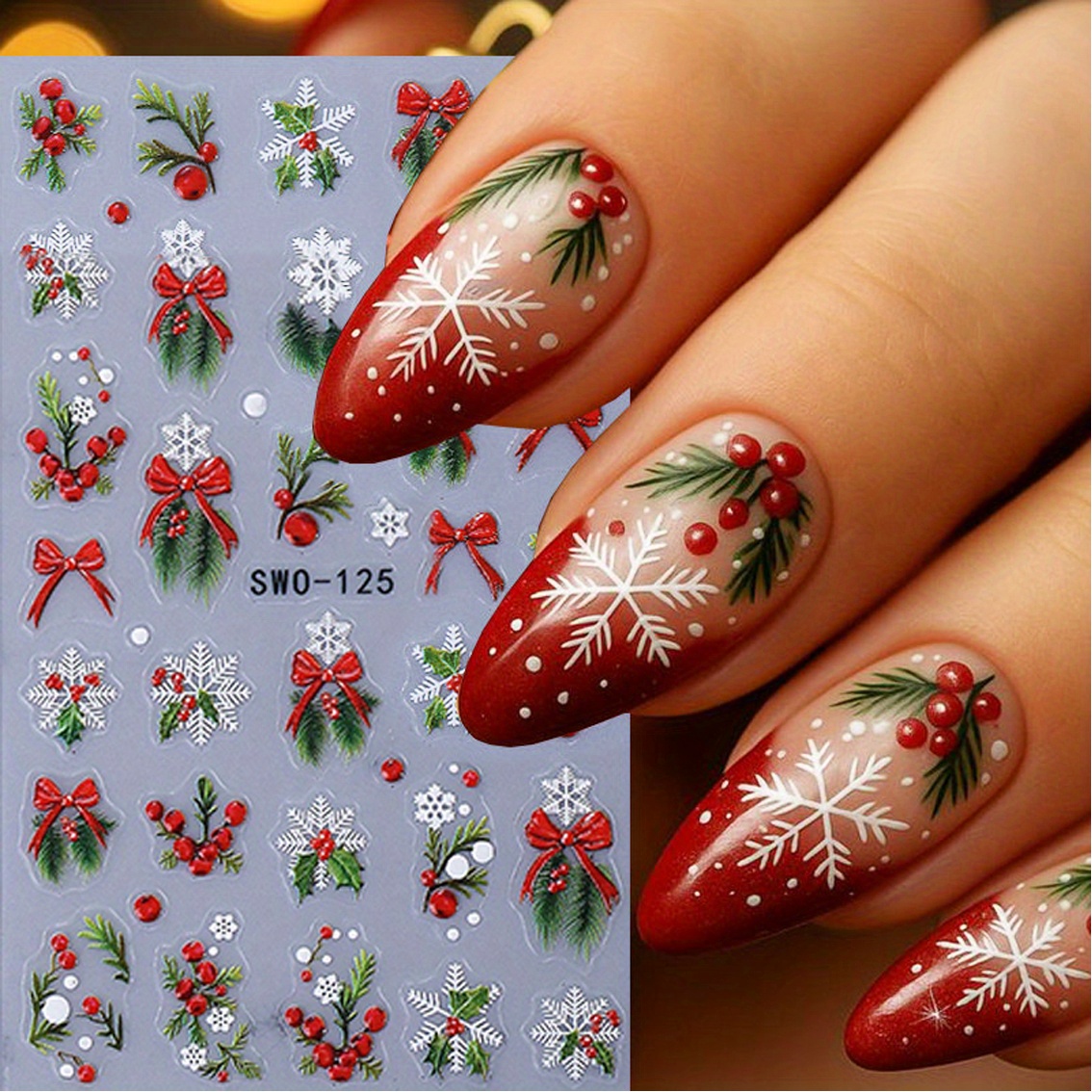 Image of 1pc 5d Embossed Nail Stickers - Self-adhesive 3d Sliders With Holly, Snowflakes, Bows & Berries, Glossy Plastic Diy Nail Art Charms For Manicure, Winter Nail Decals For Women & (no Glue Needed)