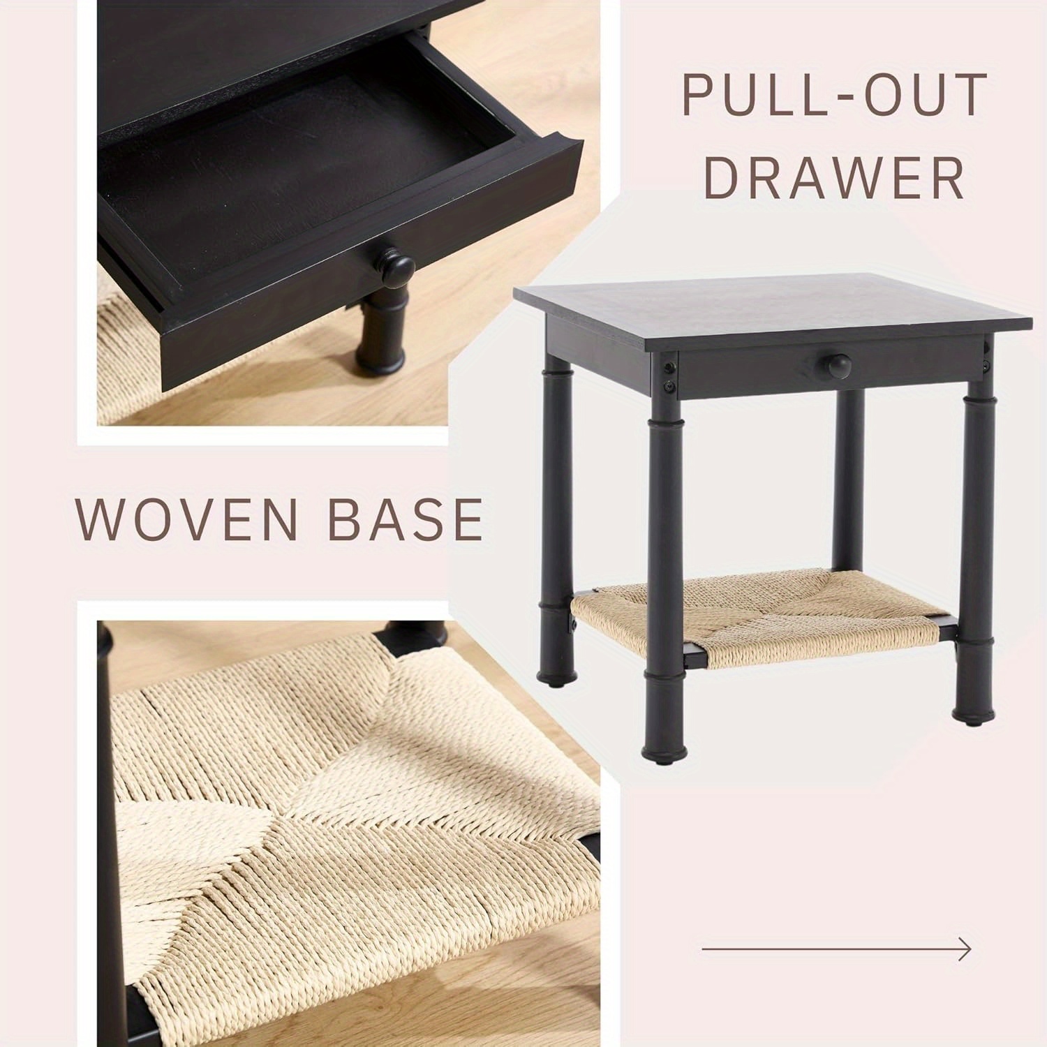 1pc 18 Inches Classical Square Side Table with Drawer 2-Tier End Table with Open Rattan Storage Shelf Solid Wood Sofa Table for Small Space, Living Room, Bedroom, Natural/ Black
