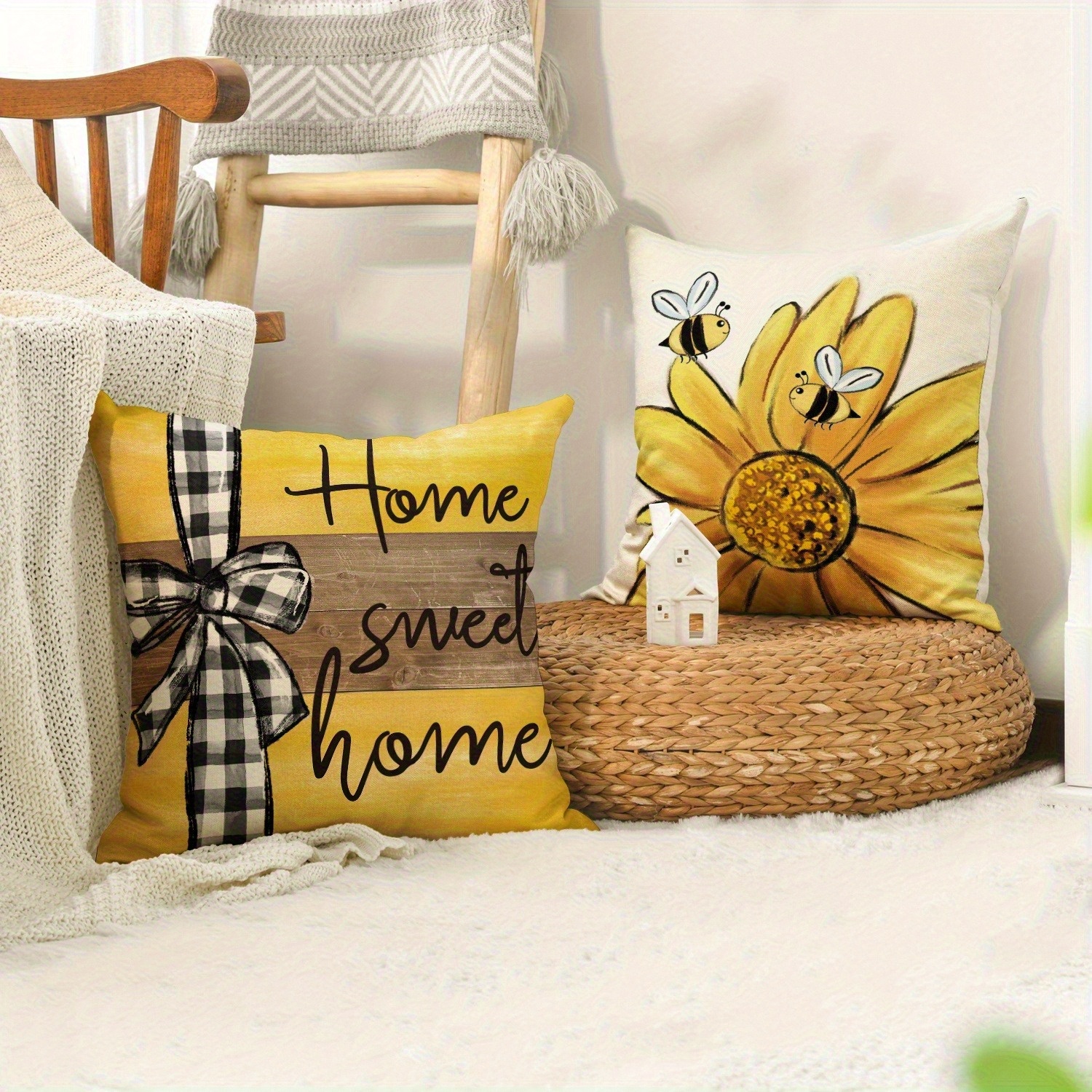 4pcs vintage floral   pillow covers double sided sunflower     sweet home text soft plush zipper closure cushion cases machine washable for living room bedroom sofa multiple sizes decorative pillow covers bedroom decor rustic charm decor textured fabric   accessories durable material home textiles   styling 2d flat Product details 5