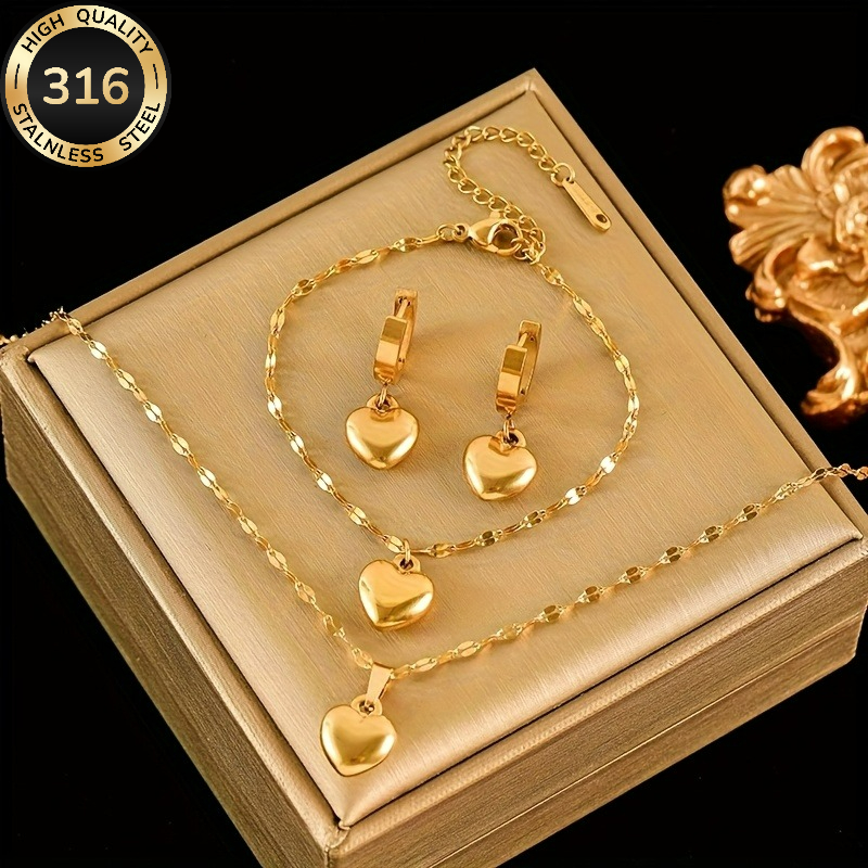 E-shop 4-teiliges Set aus 316L Edelstahl mit 18K Goldbeschichtung | im französischen Stil | Elegantes Halskette, Armband Ohrringe Set | Langlebige