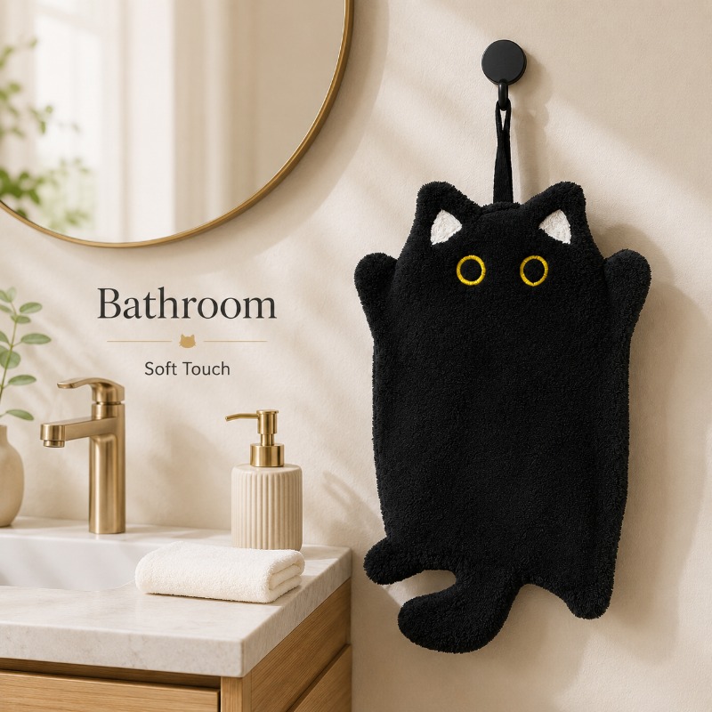 TEMU 1pc -mounted Golden- Black Cat Pattern Hand Towel, Kitchen Heat Insulation Pad, Coaster, Absorbent, Plush And Durable Coral-colored Fleece
