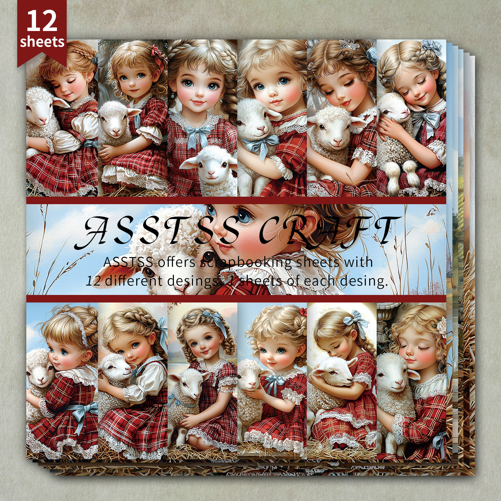 TEMU 12-sheet Asstss 6*6-inch Scrapbooking Paper Pad | Pastoral Cute Girl And Lamb Style Backing Paper, Heavyweight Cardstock For Journaling, Collage