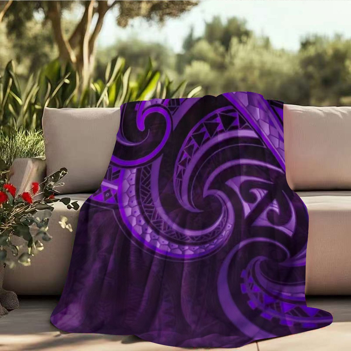 TEMU New Zealand Maori Tribal Flannel Blanket - Deep Purple And Design, Soft Bedding For Camping, Sofa, Car, And Home Decor - Ideal Gift For