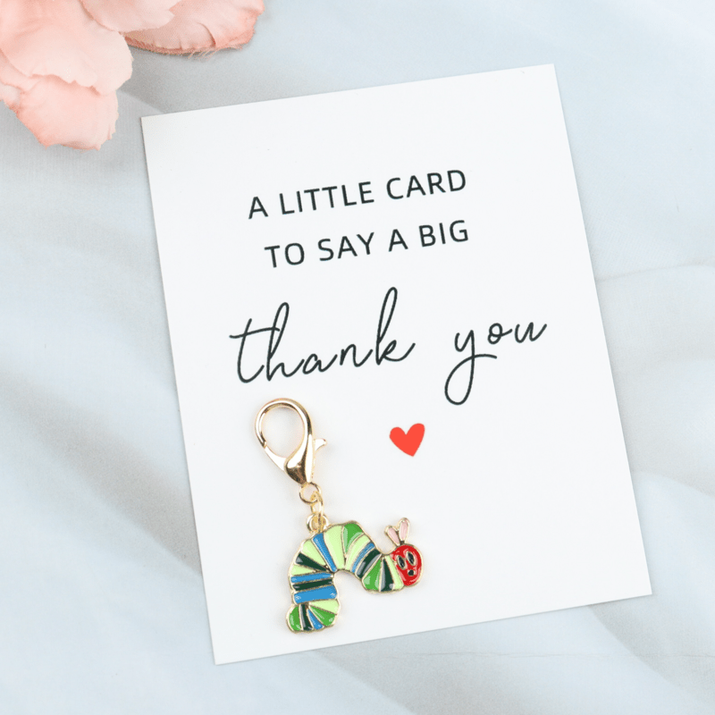 Image of 1pc Cute For Caterpillar Keychain With Caterpillar Charm & Thank You Card - Animal Theme Baby Shower Birthday Wedding Favor Gift For, Teachers, For - Paper & Metal For Backpack, Car Keys