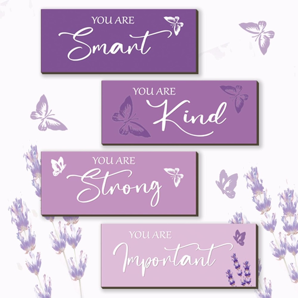 TEMU 4pcs Wall Decor Girls Room Decoration Wooden Purple Wall Decor Front Wall Art Teenager Girl Inspirational Gift Room Bedroom Bathroom Decoration