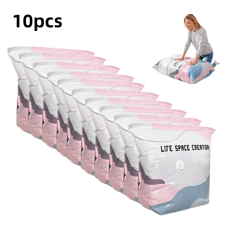 Image of 10pcs Extra-large Compression Bags, Press-to-seal, Pump-free Heavy-duty Vacuum Bags, Space-, Suitable For Clothing, Blankets, Travel, Moving, And Emergency Storage