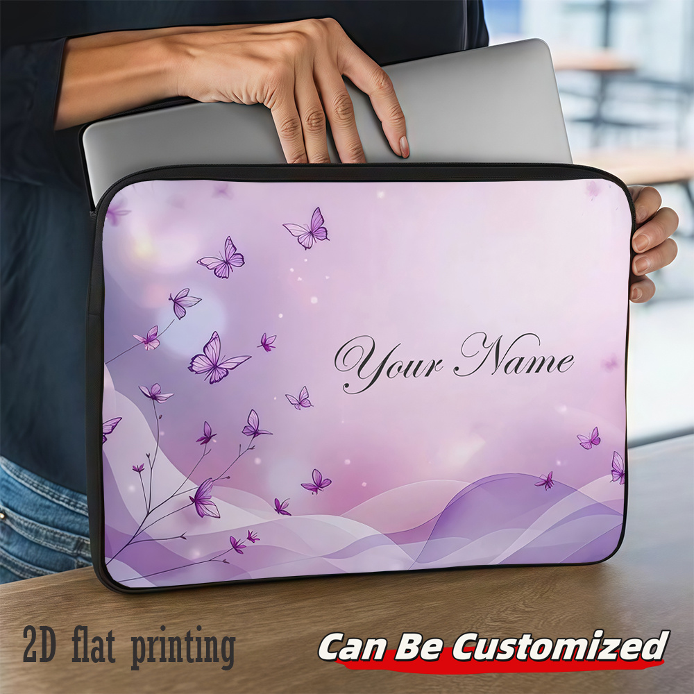 TEMU A Single Laptop Sleeve Featuring Personalized Text, With Purple Butterflies Fluttering Lavender Against A Gentle Gradient Backdrop