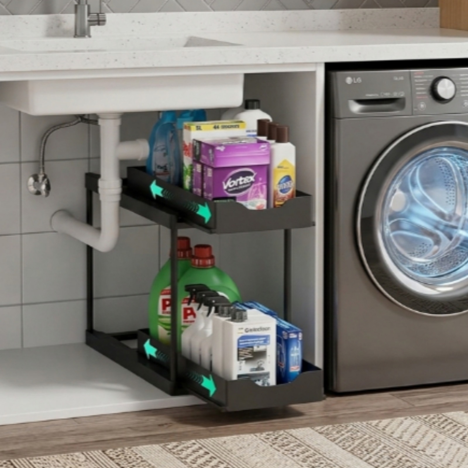 Two-tier Under Sink Storage Rack, Pull-out Sliding Organizer, Easy Clean Plastic Coating, Multi-level Storage Shelf For Kitchen Bathroom Countertop, Versatile Home Organizer