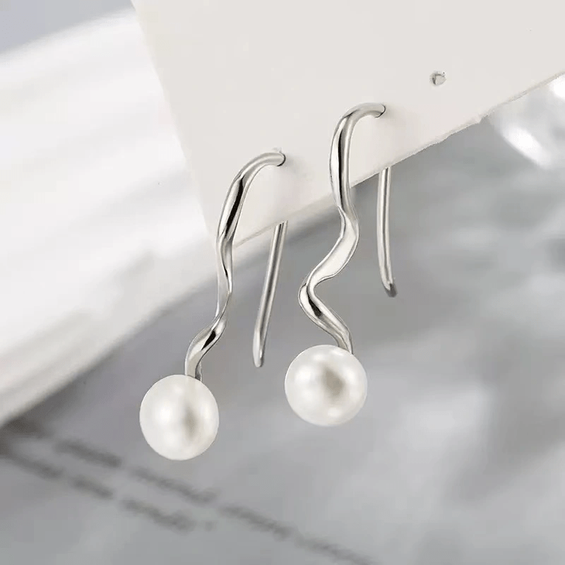 Women's 925 Silver Imitation Pearl Wavy Hook Earrings