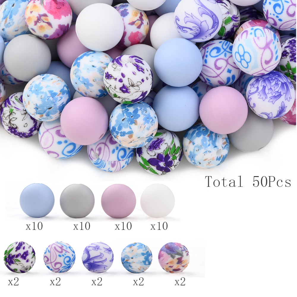 E-shop 50-teiliges Set aus 15 mm lila verträumten bedruckten runden Silikonperlen, 15 mm einfarbige lose Abstandshalter-Perlen-Kombination,