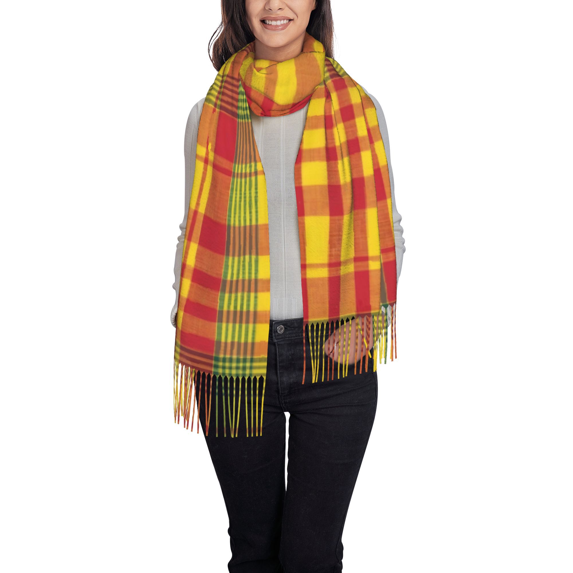 TEMU Écharpe à franges 1 pièce pour homme, motif imprimé 2D Madras jaune , avec bordure à franges
