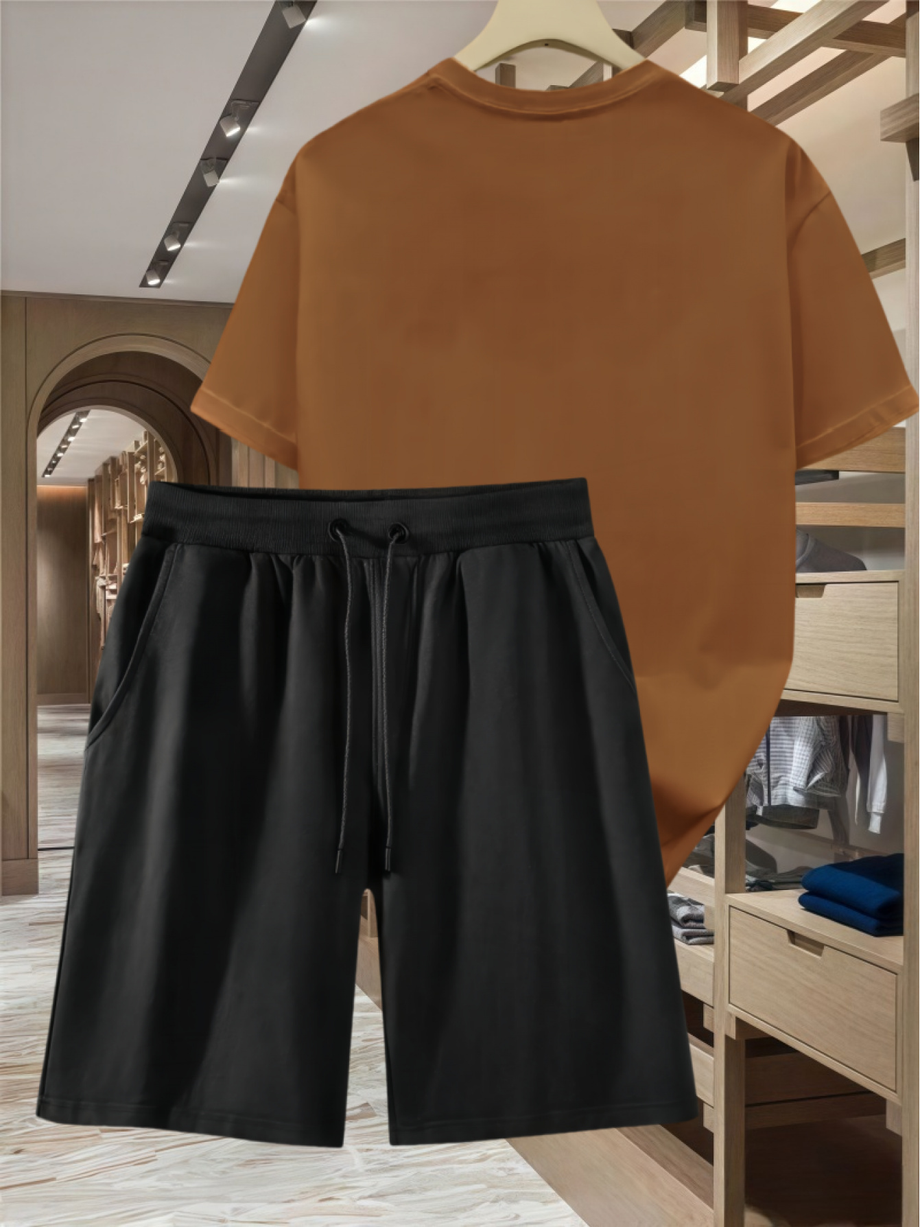 Two-Piece Casual Sports Set Featuring a Loose-Fitting Round-Neck Digital Print T-Shirt And Drawstring Shorts, Suitable for Both Men And Women, Perfect for Summer Beach Activities.