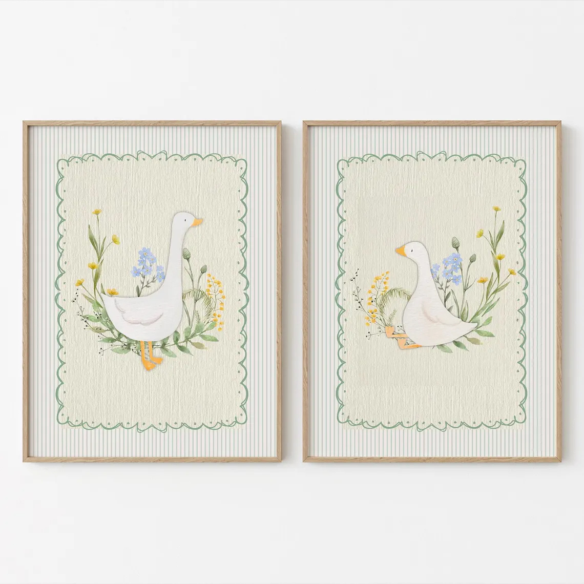 TEMU 2pcs Set, Wall Art, Vintage Poster, Silly Goose Animal Art Print, Floral Pastoral Style Canvas Painting, Bedroom Decoration, Living Room