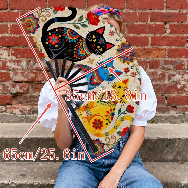 TEMU 남성용 휴대용 선풍기, 단품, 폴리에스터() 재질, 재미있는 고양이와 꽃무늬 패턴, 일상적인 냉각에 적합, 남성용 패셔너리 아이템, 가볍고 튼튼함, 여름 활동, 직장, 여행에 적합