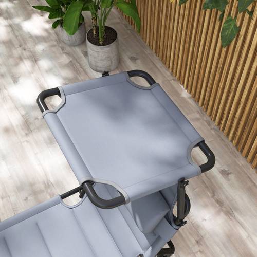 4 position adjustable backrest folding lounge chair with sunshade roof pillow headrest cushioned oxford fabric portable tri fold design for beach camping patio gray 264 lbs capacity outdoor lounge chair cushions outdoor relaxation sleek folding lounge oxford fabric chair