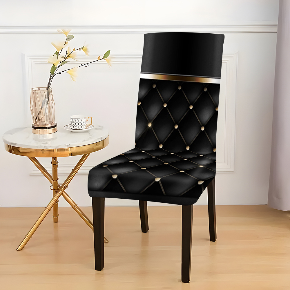 

High-end Chair Covers In 2/4/6pcs, Featuring An Elegant Black And Golden Printed Design. Chair Covers Are Suitable For Dining Chairs And Used In Homes, Dining Rooms, And Living Rooms.