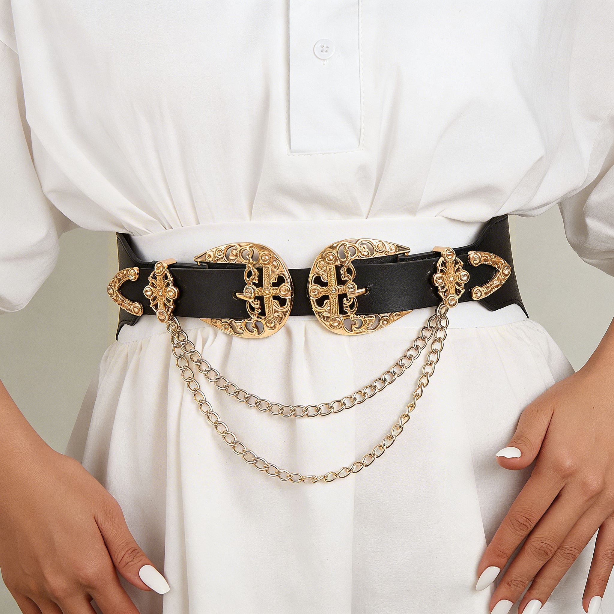 TEMU Women' Luxury Cyberpunk Hot Double Decor Belt Chain, (plus Size), Suitable For Music Festivals, Outdoor Travel, Street Photography, And Daily