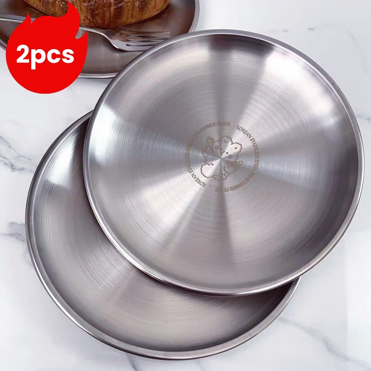 E-shop 2er-Set Edelstahl Teller mit niedlichem Bär & Wolken Gravur Design, 6.7" Cartoon Teller, stapelbar und leicht zu reinigen, bruchsicher, Küche,
