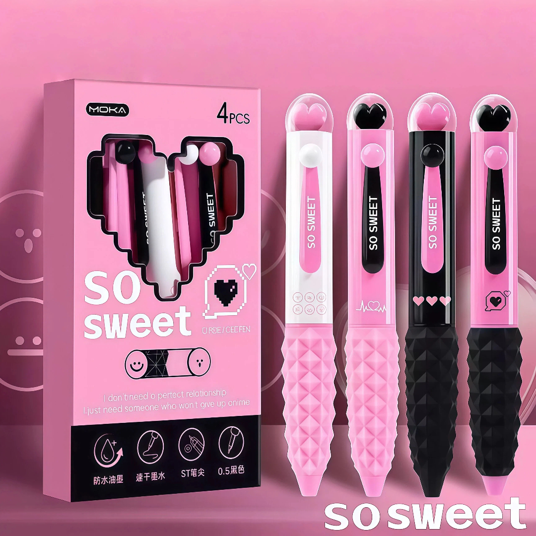 TEMU 4pcs Pink Cool Heart Pens, Little Chubby, Portable, Smooth Writing, Exam Practice Pens, Stylish, Study Stationery, School And Office Supplies,