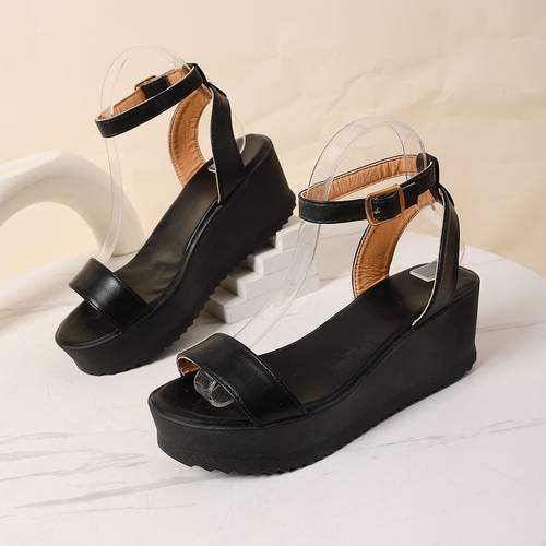 minimalistische zwarte sleehak sandalen, dames enkelbandjes gesp platform romeinse schoenen, outdoor hoogte verhogende casual sandalen, dames schoenen