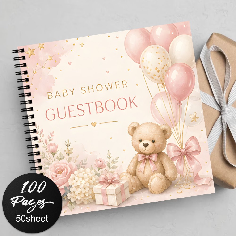 TEMU 1pc Italian Language Baby Shower Guest Book & Wedding Register With Floral Teddy Bear Pink Balloons Design - Suitable For Weddings, Birthdays,