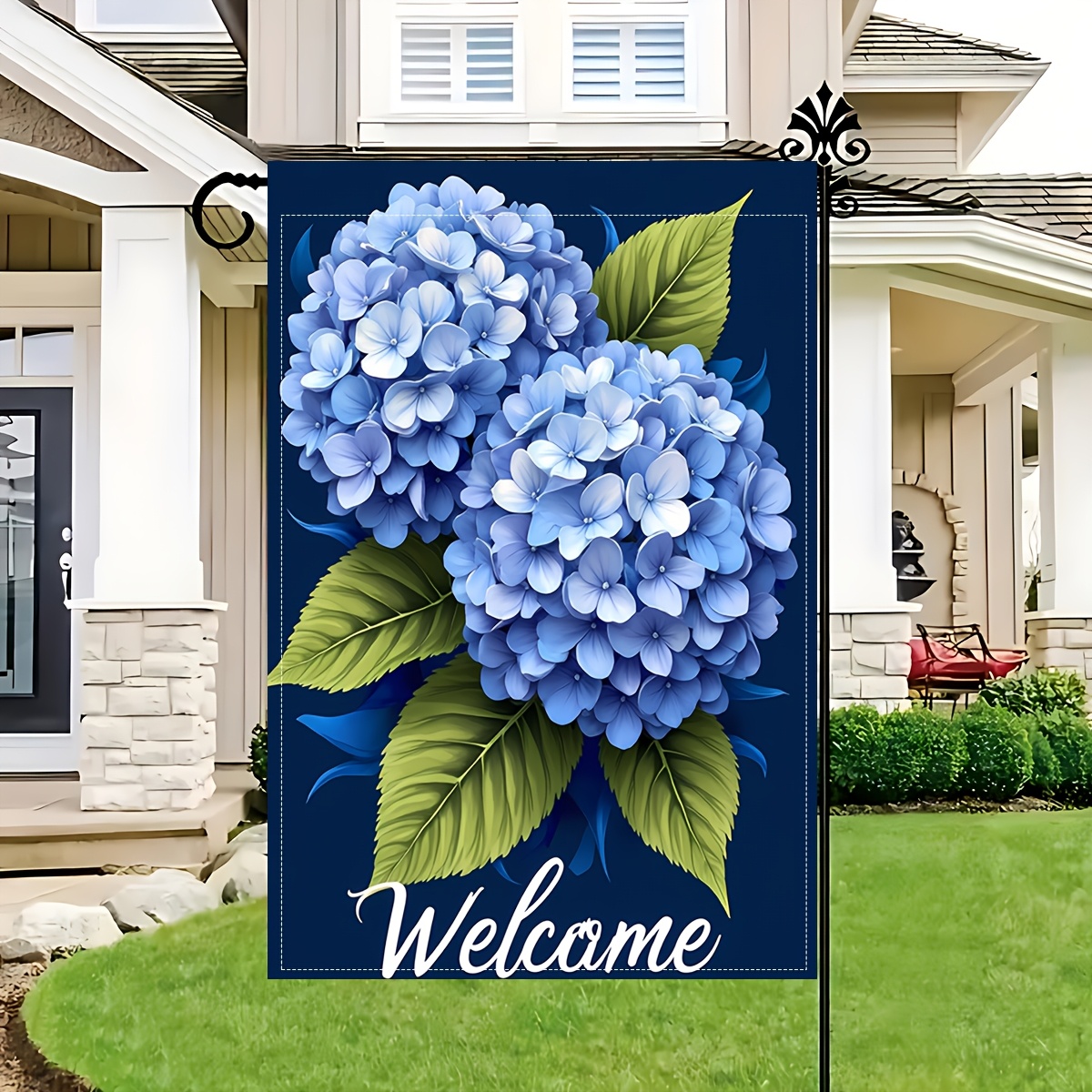 TEMU 2d Flat - 2d Flat - 1pc, 2d Flat, Blue Hydrangea Garden Flag, Featuring Welcome Words, Outdoor Banner, Yard Decor Flag, Perfect For Garden,