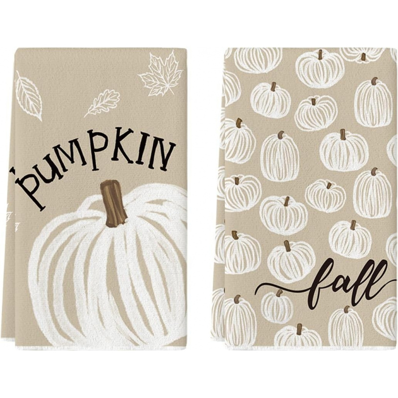 TEMU Cleaning Cloth 2pcs Kitchen Towel Neutral Beige Sketch Pumpkin Fall Kitchen Towels Washable Reusable Home Cleaning Cloths, Thanksgiving Table