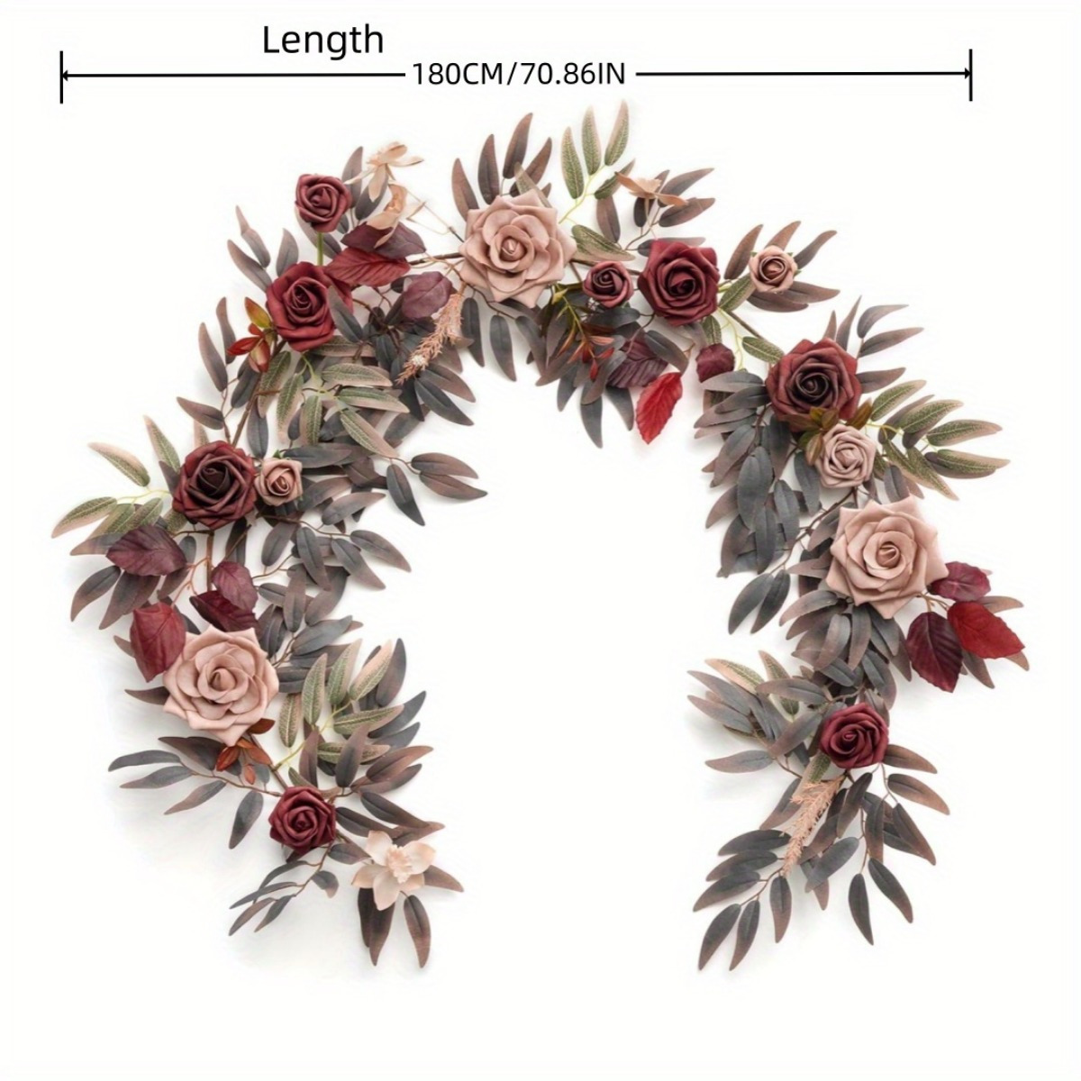 TEMU 70.86in Burgundy Artificial Flower Garland Maroon Rose Floral Garland Arch Flowers Vine For Wedding Party Backdrop Decor Home Mantel Table Centerpieces Decorations
