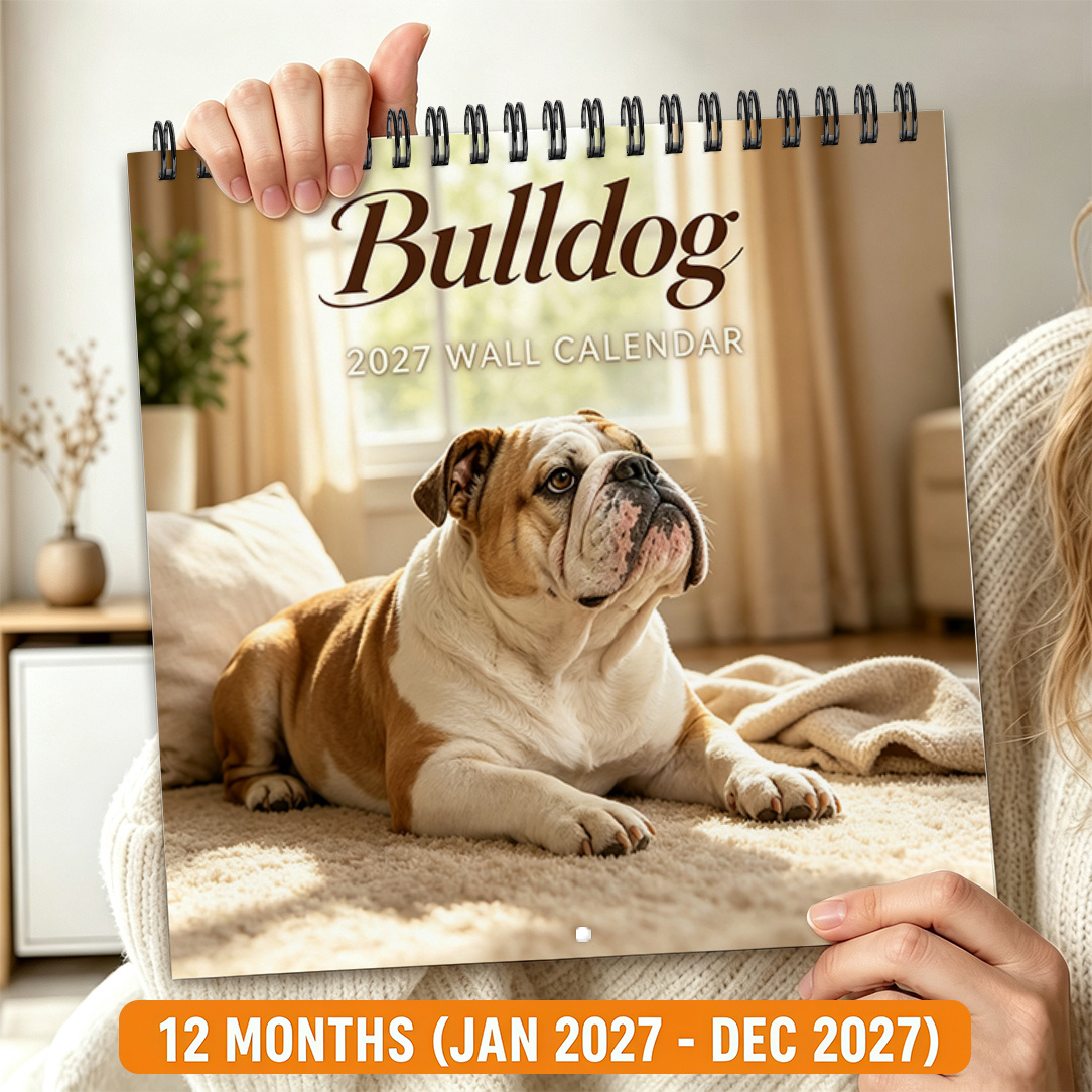TEMU 2d Flat 1pc 2027 Wall Calendar, Black Spiral-bound 12-month Planner, English Bulldog Theme, Large Writing Blocks, Holiday Markers, Wall Decor,