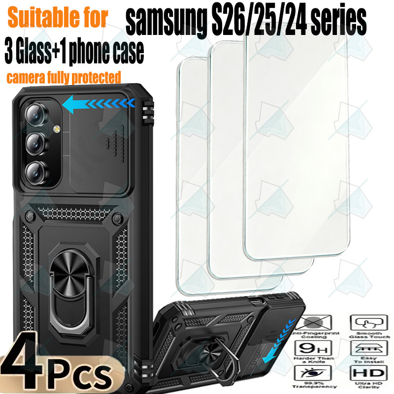 TEMU 4 In1 1pc Heavy Duty Shockproof Phone Case With 360° Rotating Ring Kickstand, Sliding Camera Lens Protector, 3pcs Uhd Tempered Glass Screen