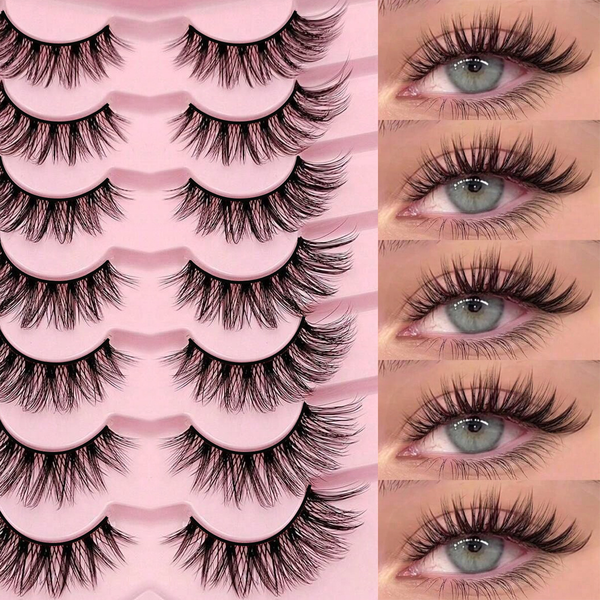 Image of 7 Pairs Full Strip Wispy Eyelashes, Natural Cat Eye Lash Strips, Fluffy Light Mink Strip Lashes, Comfortable Daily Wear Queen Makeup False Lashes