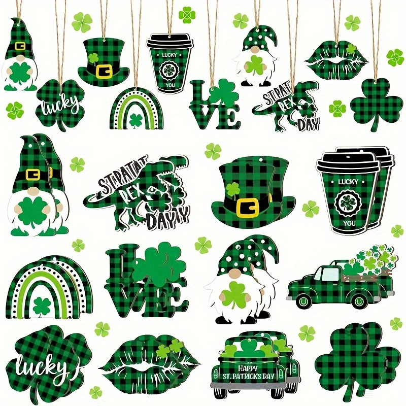 

12pcs Handcrafted Wooden 's Day Decor Set - Featuring Gnomes, Shamrocks, Hats & Designs With Lanyards - Ideal For Tree, Door, Fireplace Decoration