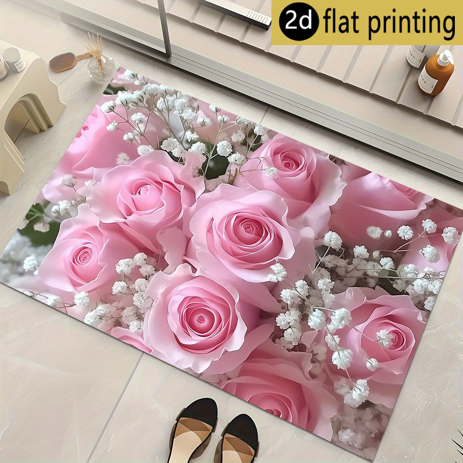 TEMU 2d Printing 1pc Elegant Style Rose Pattern Door Mat, Flannel Material Machine Washable, Suitable For Bathroom Entrance, Bathroom, Toilet