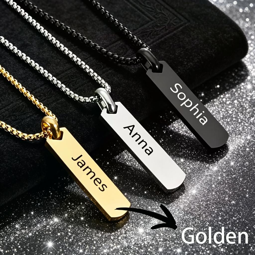 TEMU Custom Engraved Vertical Bar 304l 304l Stainless Steel Necklace High Polished Rectangular Tag Pendant Personalized Name Text Jewelry Minimalist