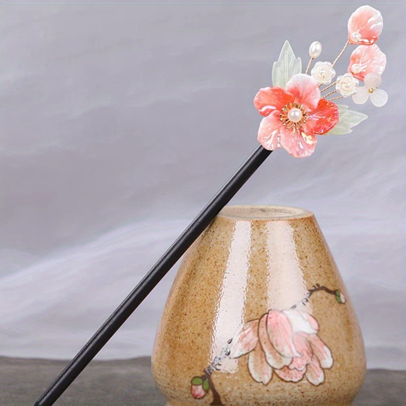 2pcs handmade chinese style hair sticks with floral tassels 8 26 retro elegant hairpins for womens long hair wedding everyday hair accessories non slip durable wood plastic pink white flower decor with green leaves gift box included Product details 4