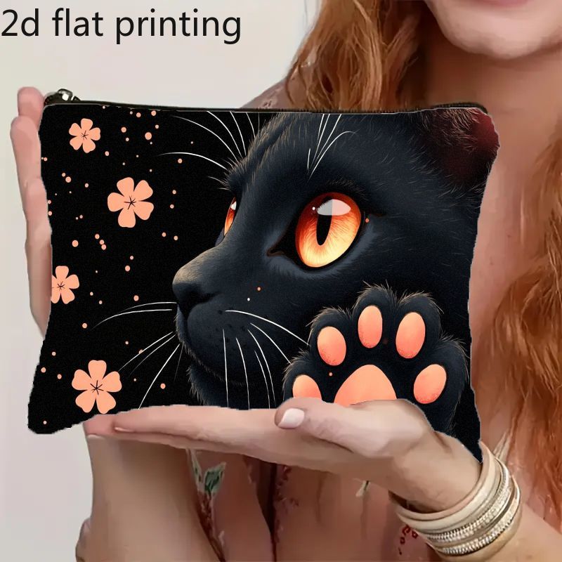 TEMU des des chats ! Trousse de Cosmétique 2D noire et colorée avec un chat, de yeux orange éclatants et de de pattes mignons, fermeture éclair -