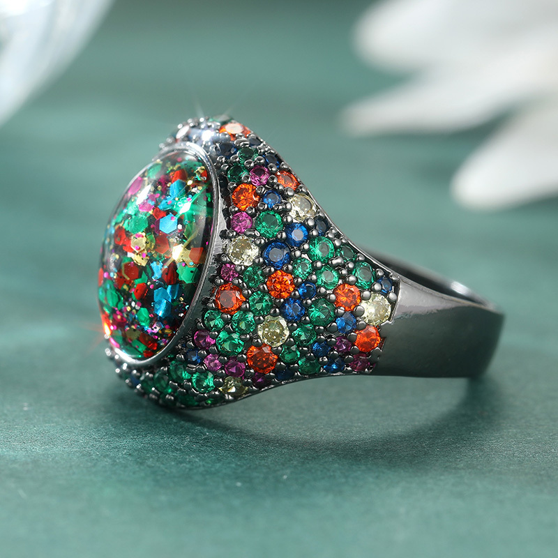 Women's Luxury Multicolored CZ Inlaid Black Geometry Ring