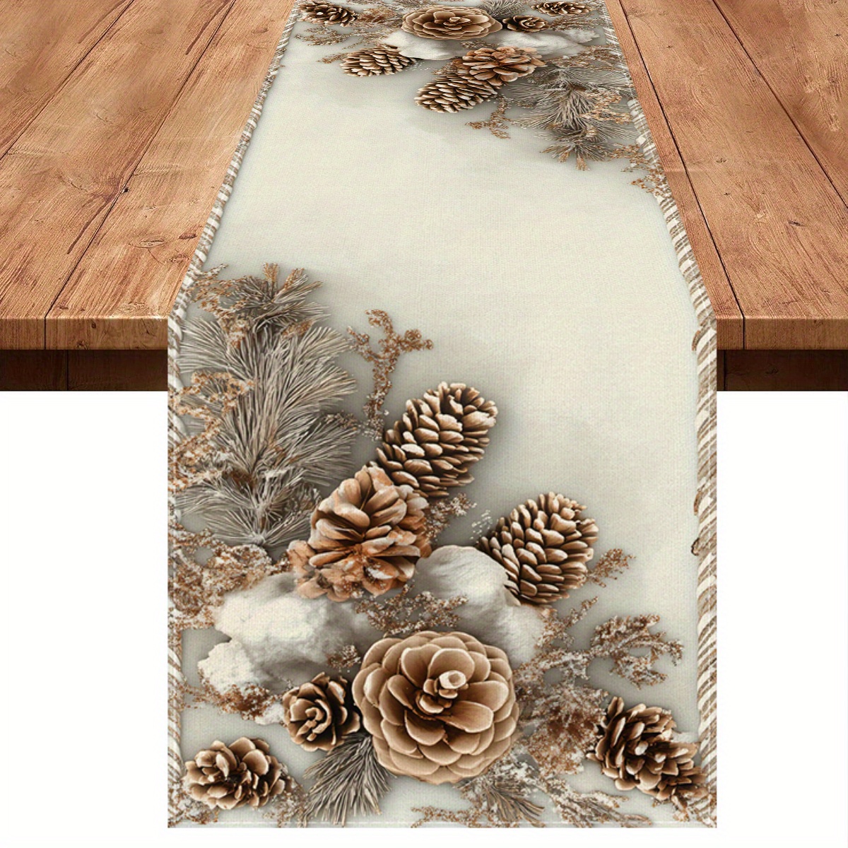 1pc Winter Floral Table Runner With Pine Cone & Snowflake Design - 100% Polyester Rectangular Holiday Decor For Thanksgiving, Christmas, Coffee Table, Dining, Shoe Cabinet - Durable & Easy-clean