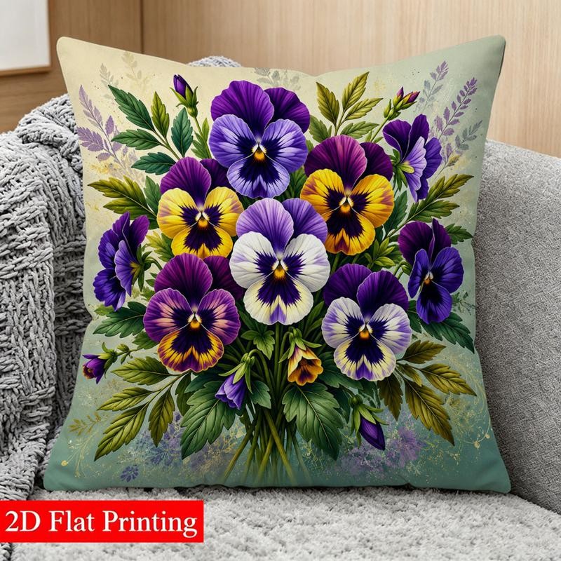 TEMU 2d Flat Printing, 1pc Double-sided Pillow Cover, Size 45×45cm, Vibrant Pansies Pattern, Soft Light-colored Background, Suitable For Living Room,