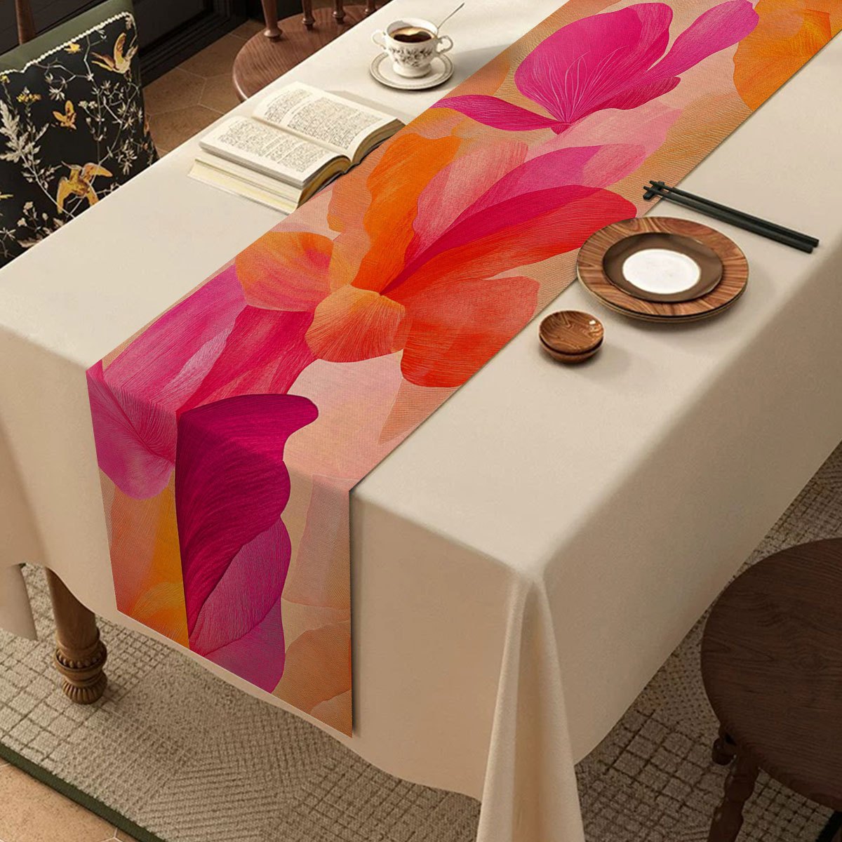 Image of 1pc Spring/summer Table Runner | Multicolor Floral 2d Printed Pattern | Subtropical Bohemian | Pink- | Polyester Fiber | Spring/summer Festival Party Decorations Arrangement | Home | Shop | Holiday