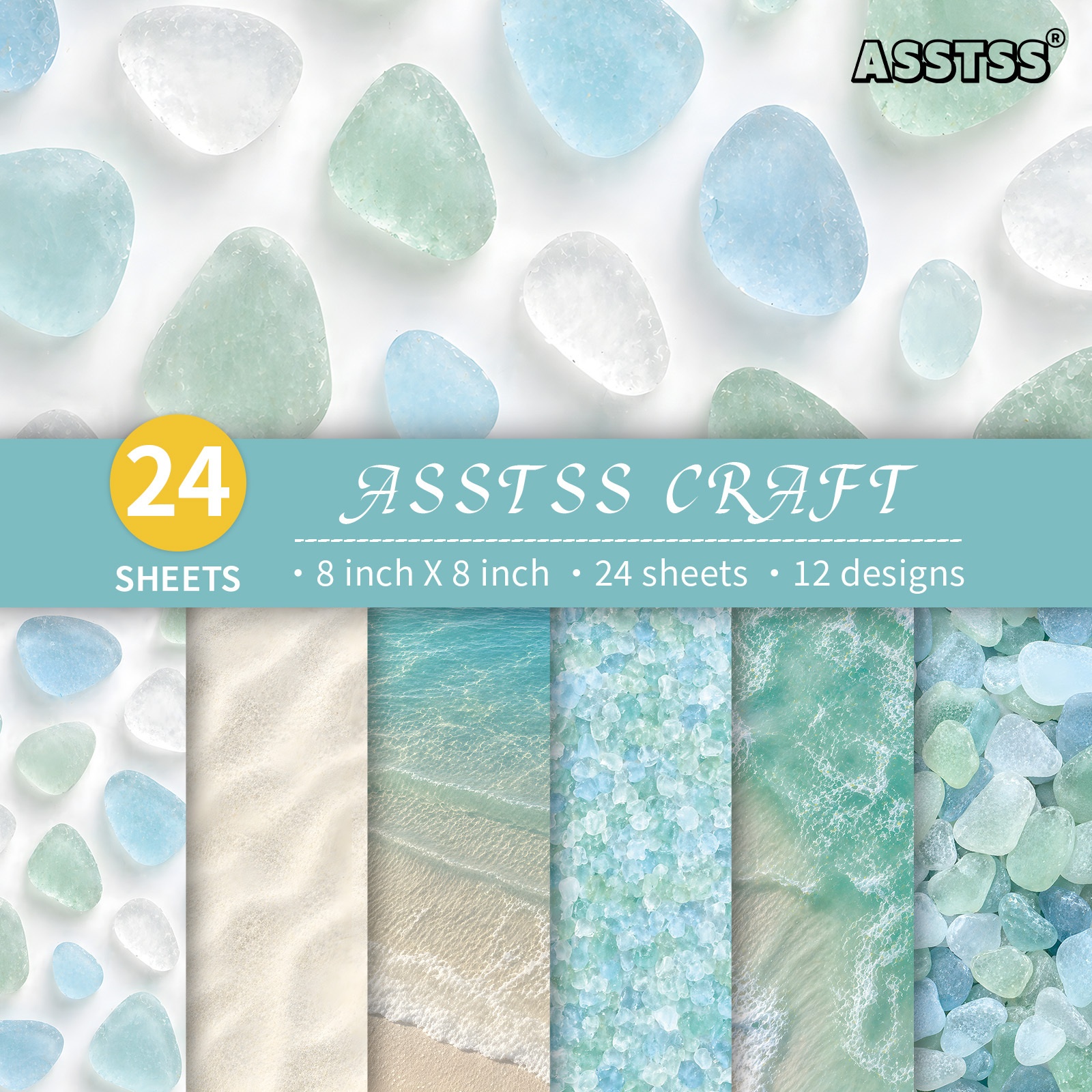 TEMU Bloc de papier scrapbooking ASSTSS de 24 feuilles 8 X 8 pouces, papier de base d'été style plage côtière océan avec textures de sable et de mer,
