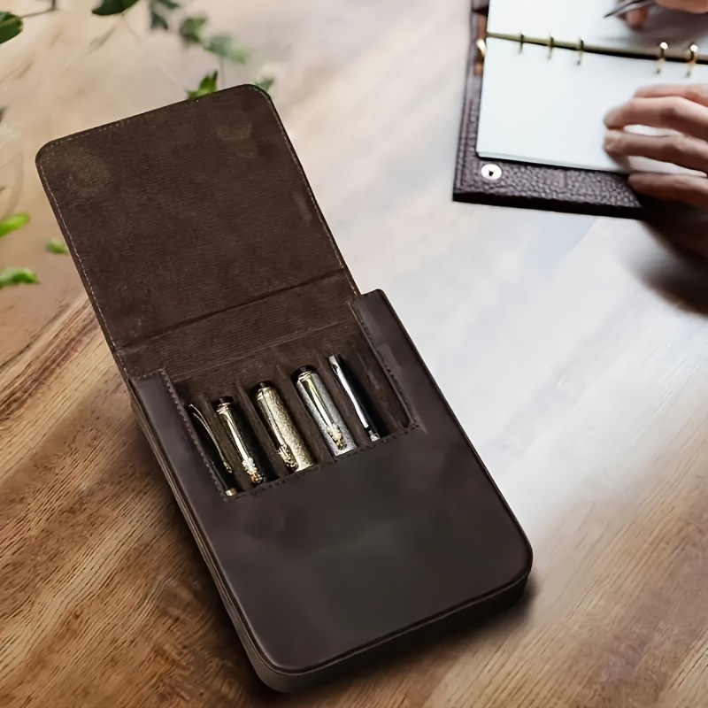 1 Handmade Cowhide Pen Case- Premium Vintage Leather Storage Box, Suitable for Business Men and Women, Office and Pen Organizer, Holds 6 Wearable Pen Holders, Ideal for Gifting